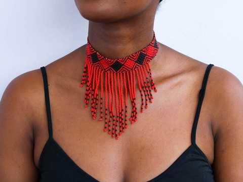 African Beaded necklace, Zulu necklace, Beaded choker necklace, Fringe necklace
