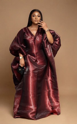 Burgundy Mikado Sheen Boubou Kaftan Dress with Voluminous Sleeves