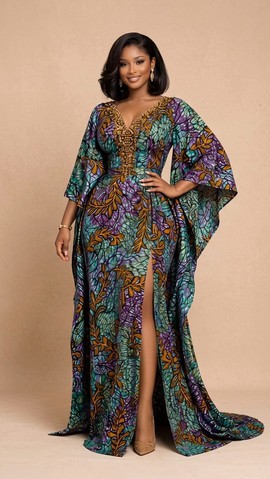 Élégante robe caftan maxi en Ankara – Robe longue à imprimé africain multicolore avec encolure perlée et fente haute