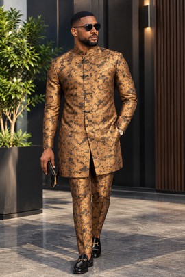 Costume sénateur pour homme en brocart doré et bronze – Ensemble deux pièces avec veste longue à col mandarin et pantalon