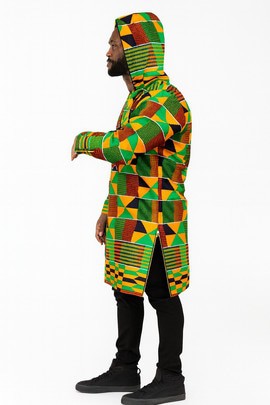 Men's Long African Print Hoodie Jacket – Kente Inspired | Premium Tailoring-MOQ-10PCS
