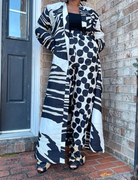 Black and White Patterned Multicolor Two Piece Duster and Pants Set