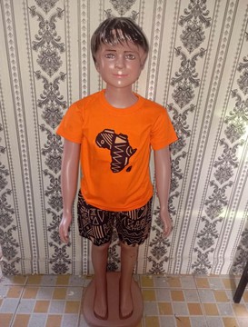 Orange African Kids Two-Piece Outfit – Cotton T-Shirt with Africa Appliqué &amp; Ankara Shorts
