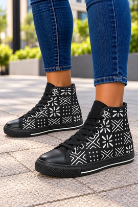 Ethnic Bogolan Pattern Women's Classic High Top Canvas Shoes | African Print High Top Sneakers