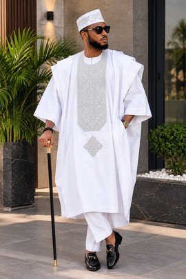 Men's White &amp; Grey Agbada Set – Three Piece Embroidered Nigerian Traditional Attire with Cap
