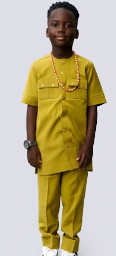 Boys African Traditional Senator Suit Set – Olive Green 2-Piece Top &amp; Trouser Outfit