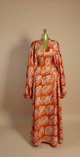 Long  Hand-Dyed Adire Leaf Print Maxi Dress with Statement Bishop Sleeves