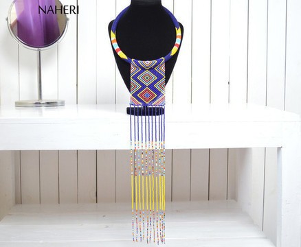 African Maasai Necklace | Zulu Beaded Blue Fringe Neck Piece