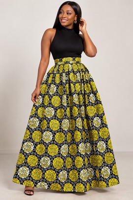 Long, high-waisted wax print skirt –