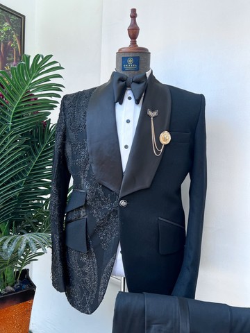 Black jacquard one side embellished tuxedo suit. Best seller