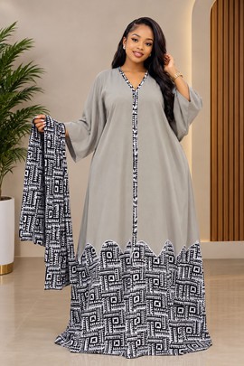 Women's Grey African Print Kaftan Maxi Dress with Black and White Geometric Patterns
