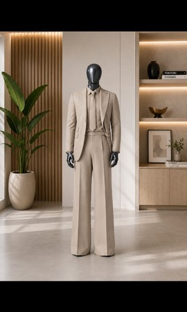 Blazer beige ajusté pour homme avec cravate assortie et pantalon à jambes larges
