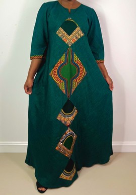 Elegant Mustard Tribal Patchwork Design Oversized Maxi Kaftan Dress