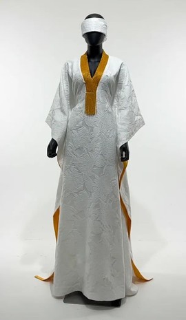 Women's White &amp; Gold Floral Brocade Kaftan Maxi Dress with Matching Headwrap – Fringe Trim Gown