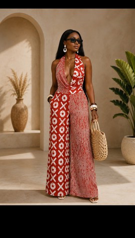 Combinaison pour femme à imprimé Ankara rouge et blanc, dos nu, jambes larges et décolleté plongeant en V