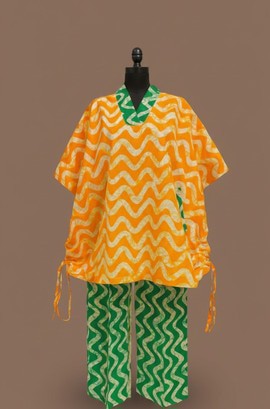 lively orange and green zigzag patterned kimono set for cheerful style