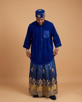 Royal Blue Velvet and Gold Embroidered Men's Traditional Two-pieces Set