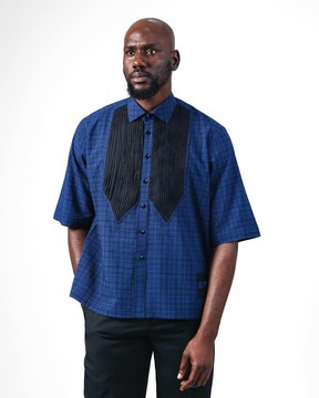 A dark Skye blue and black Checkered, front pointed pleat wide-cut casual shirt
