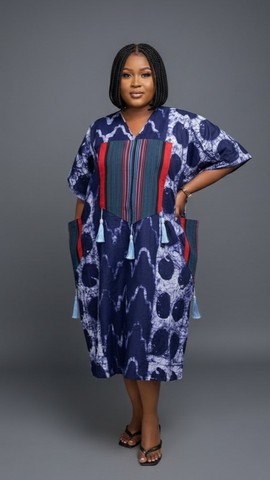 Robe chic bleu marine tie-dye avec poches - Confort artisanal