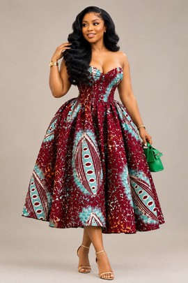 Women’s Burgundy Adire Print Corset Maxi Dress