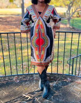 African Print Ankara Black Dashiki V-neck Midi Dress