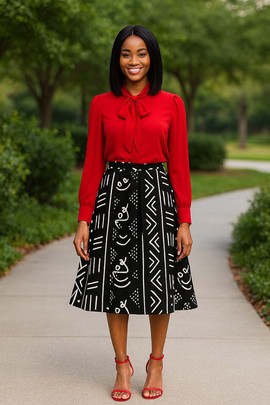 Jupe africaine imprimé bogolan | Longueur midi, style évasé en mousseline de chiffon
