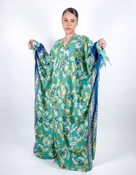 Teal Blue and Green Multicolor Tropical Floral Print Flowy Maxi Kaftan Dress