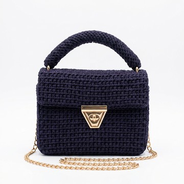 Navy Crochet Box Bag – Handwoven Purse with Gold Chain Strap