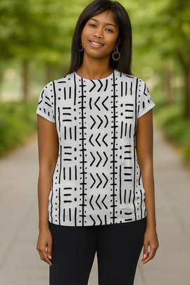T-shirt tribal afro-chic pour femme, imprimé africain noir et blanc
