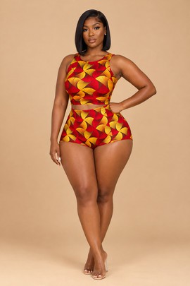 Women’s Ankara Two-Piece Set – Red and Mustard Yellow African Print Crop Top and Shorts