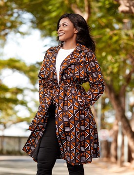Bogolan print trench coat
