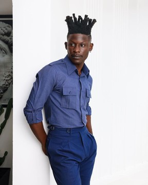 A Brushed, Navy Blue, combat details shirt.
