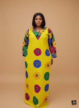 Grand boubou Adire maxi à fleurs de souci dorées