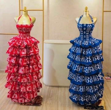 Red African Print Maxi Dress – Ankara Tiered Halter Dress for Women