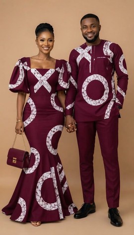 Ensemble assorti royal bordeaux et blanc pour couple (robe sirène et tenue sénatoriale deux-pièces à manches longues)