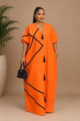 Women's Orange African Kaftan Dress with Black Geometric Details