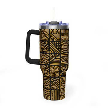 Stanley Style Bogolan Tumbler | Black &amp; Brown African Mud Cloth 40oz Stainless Steel Travel Mug