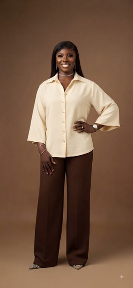Chemise boutonnée crème et pantalon marron