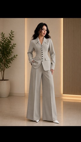 Women's Grey Fitted Peplum Blazer &amp; Wide-Leg Trouser Set – Button-Front Two-Piece Suit
