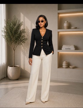 Ensemble de tailleur noir pour femme avec blazer et pantalon large en crêpe – Tenue de bureau deux pièces