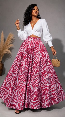 Long, flowing pink wax print skirt