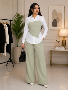 Women's White Shirt with Sage Green Corset Overlay &amp; Wide Leg Trouser Set