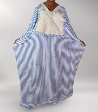 Blue and White Striped Maxi Kaftan Dress with White Denim Jean Pocket Detail