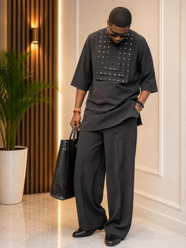 Ensemble de kaftan africain pour homme | Tenue de sénateur noire | Tenue africaine de luxe pour homme en 2 pièces | Sur mesure
