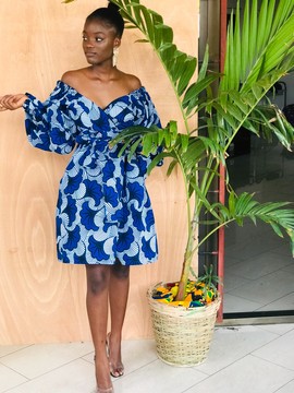 Off-the-shoulder wrap dress blue wedding flower