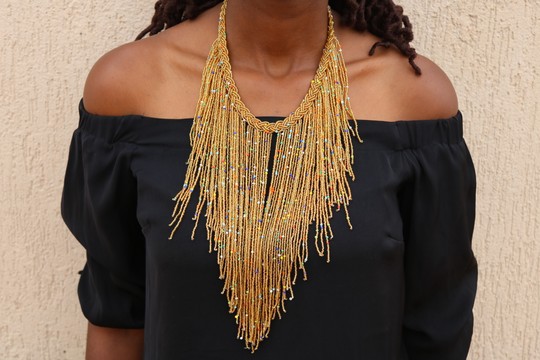 African beaded necklace, Choker necklace, Beaded fringe necklace, Orange necklace