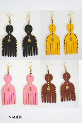 African afro comb wood earrings set of 4