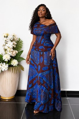 Robe longue adire en batik