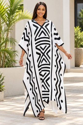 Robe midi à col en V et manches courtes pour femme en imprimé africain | Robe midi en imprimé africain | Bynelo