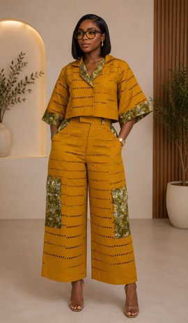 Women's Mustard Yellow Eyelet Aso Oke Two-Piece Set – Cropped Jacket &amp; Wide-Leg Cargo Pant